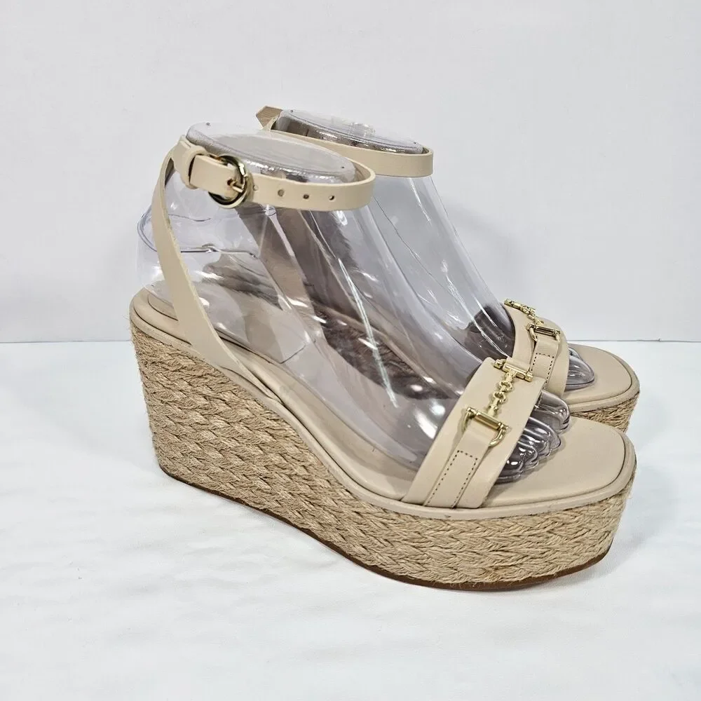 Massimo Dutti Spain Beige Leather Bit Platform Jute Wedge Sandals Sz 38 US 7.5